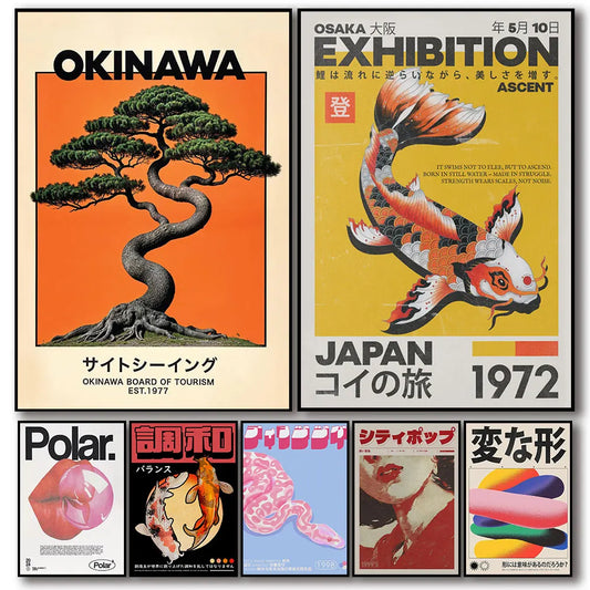 Japanese OKINAWA Koi Fish Flowers Trees Canvas Print Poster Japandi Vintage Travel Art Prints Bedroom Wall Art Home Decor Poster
