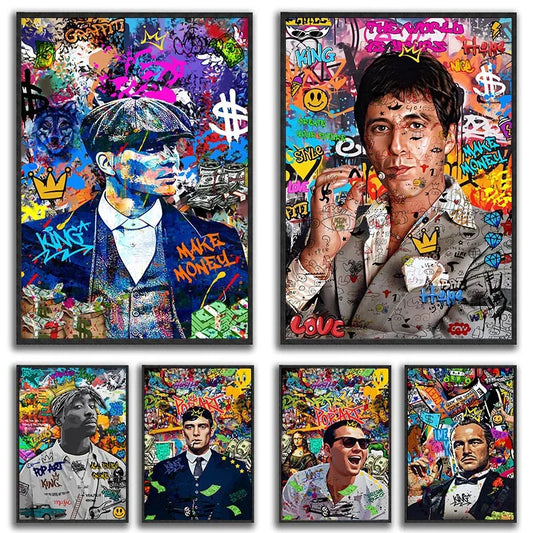 80S Gangster Graffiti Art, Urban Crime Drama Pop Wall Art Print,Retro Canvas Painting,Bold Street Style Home Decor Unframed