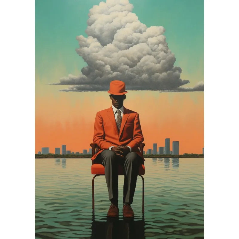 Retro Surreal Abstract African Black Man Magritte Inspired Poster Canvas Painting Wall Art Pictures Home Room Decor Gift