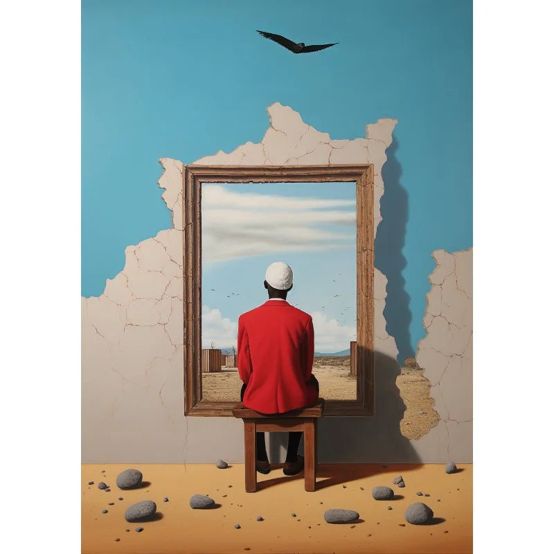 Retro Surreal Abstract African Black Man Magritte Inspired Poster Canvas Painting Wall Art Pictures Home Room Decor Gift