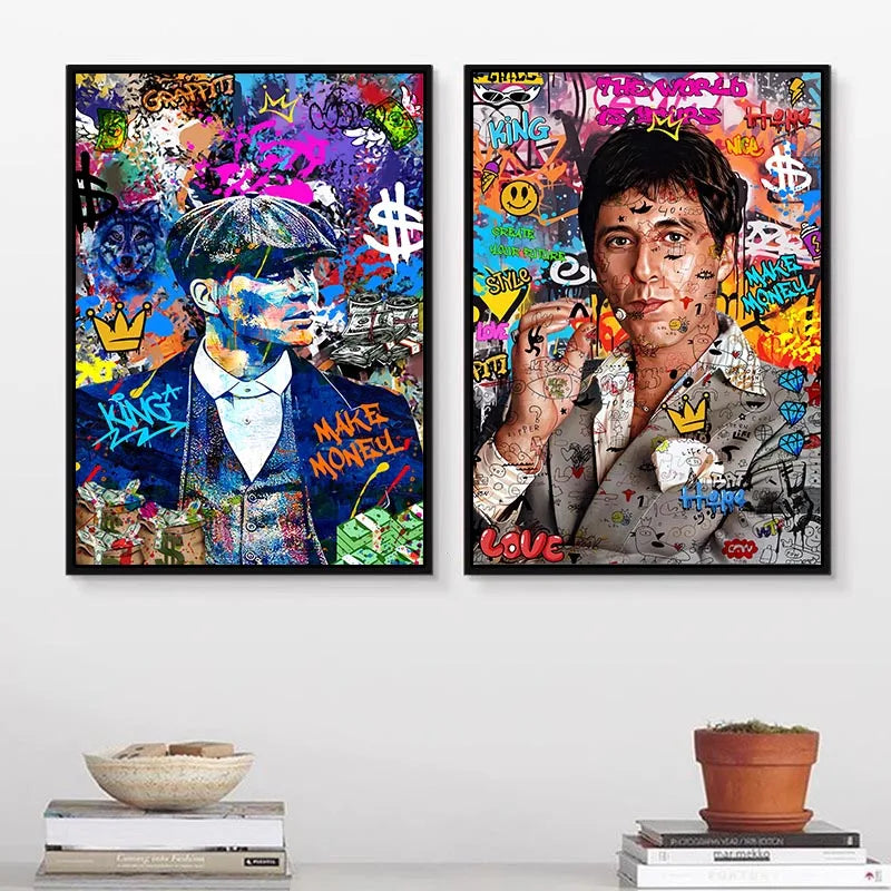 80S Gangster Graffiti Art, Urban Crime Drama Pop Wall Art Print,Retro Canvas Painting,Bold Street Style Home Decor Unframed