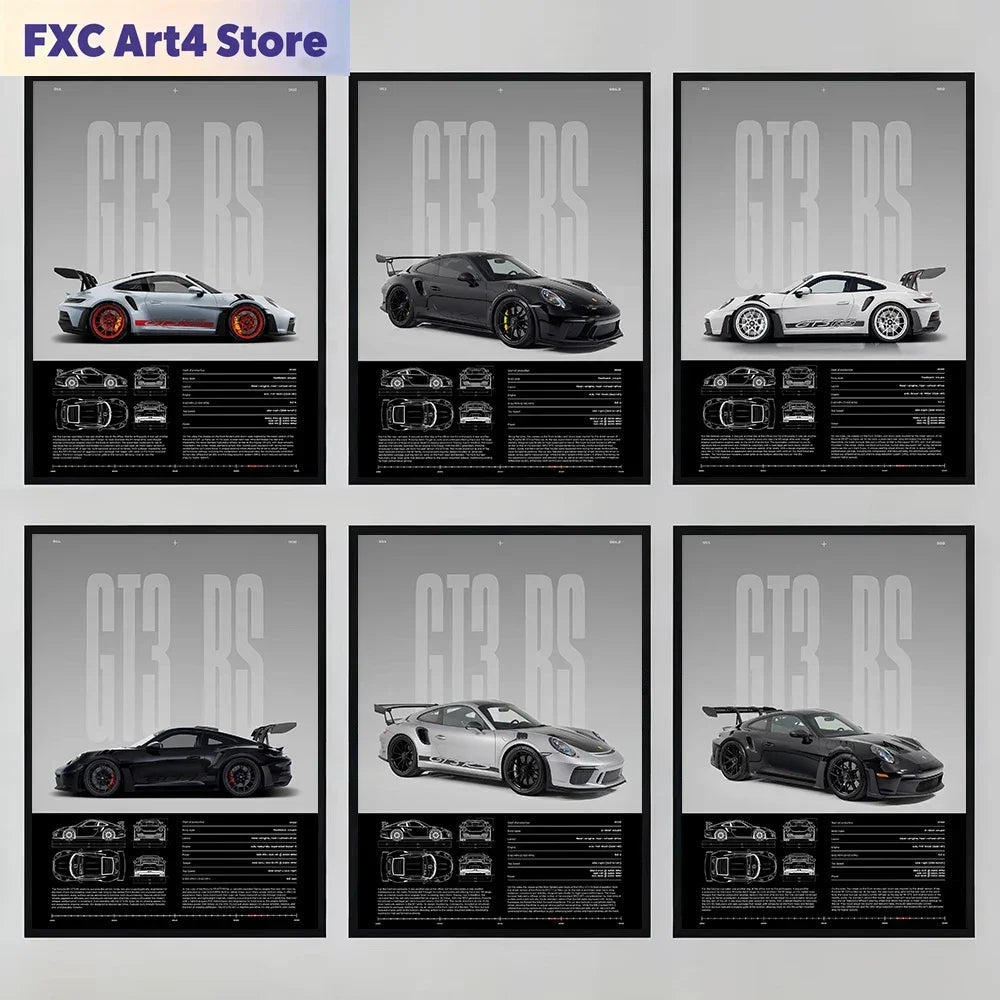Frameless Fashion Famous German Sports Car RS-S GT3 Supercar Collection Canvas Poster Printed Wall Art Pictures Home Office Deco