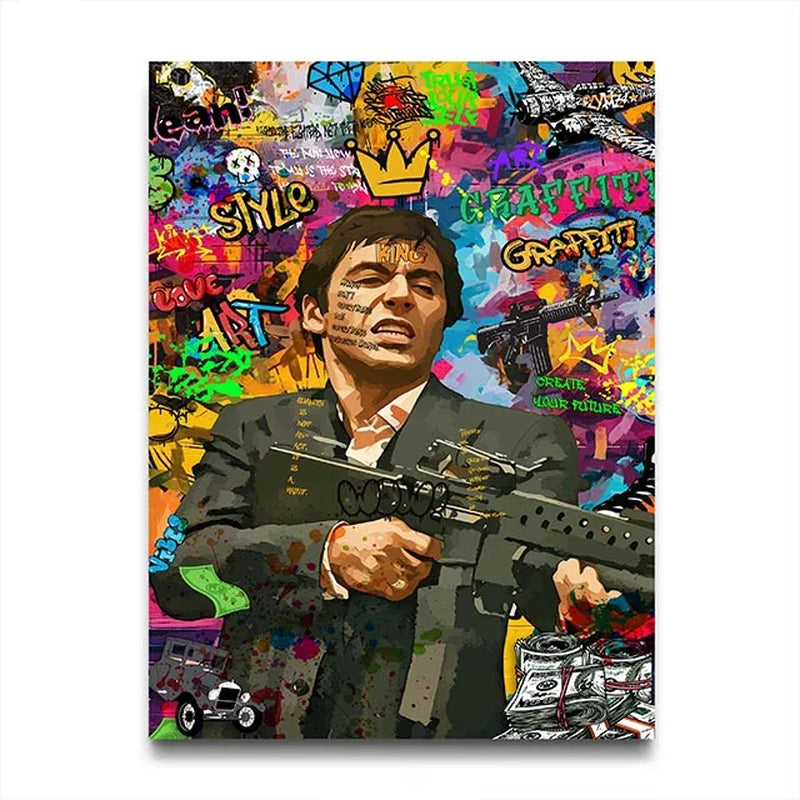 80S Gangster Graffiti Art, Urban Crime Drama Pop Wall Art Print,Retro Canvas Painting,Bold Street Style Home Decor Unframed