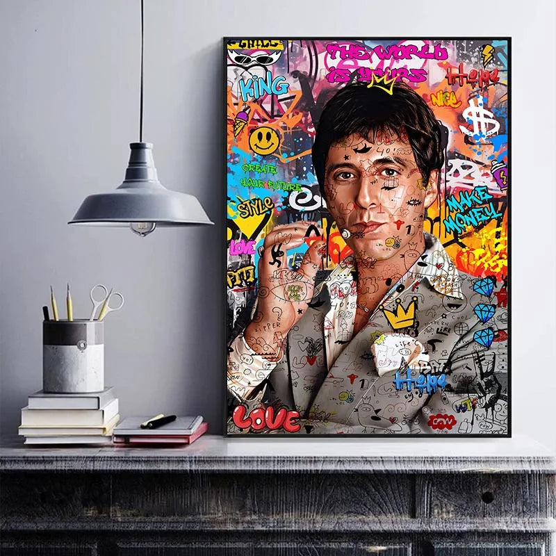 80S Gangster Graffiti Art, Urban Crime Drama Pop Wall Art Print,Retro Canvas Painting,Bold Street Style Home Decor Unframed