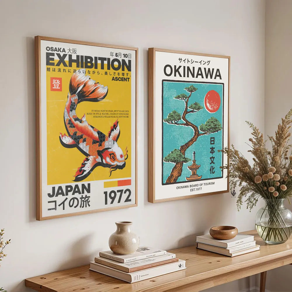 Japanese OKINAWA Koi Fish Flowers Trees Canvas Print Poster Japandi Vintage Travel Art Prints Bedroom Wall Art Home Decor Poster