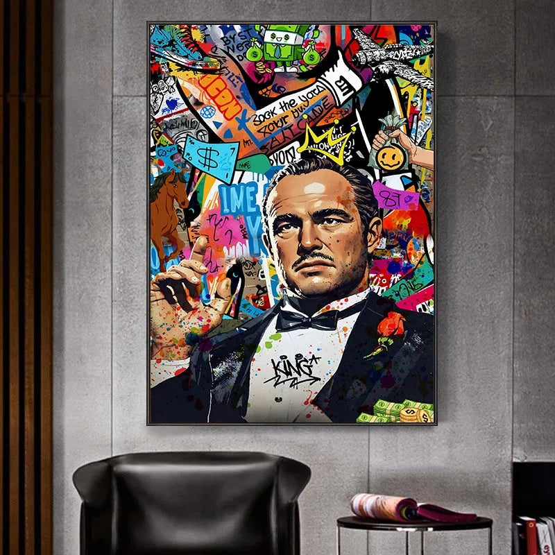 80S Gangster Graffiti Art, Urban Crime Drama Pop Wall Art Print,Retro Canvas Painting,Bold Street Style Home Decor Unframed