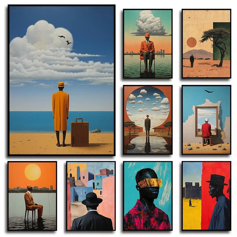 Retro Surreal Abstract African Black Man Magritte Inspired Poster Canvas Painting Wall Art Pictures Home Room Decor Gift