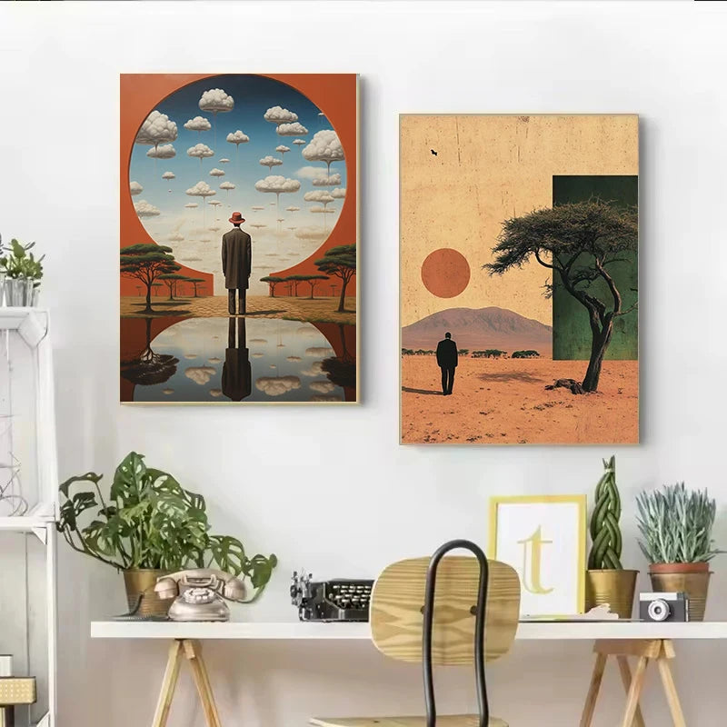 Retro Surreal Abstract African Black Man Magritte Inspired Poster Canvas Painting Wall Art Pictures Home Room Decor Gift