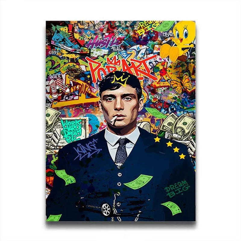 80S Gangster Graffiti Art, Urban Crime Drama Pop Wall Art Print,Retro Canvas Painting,Bold Street Style Home Decor Unframed