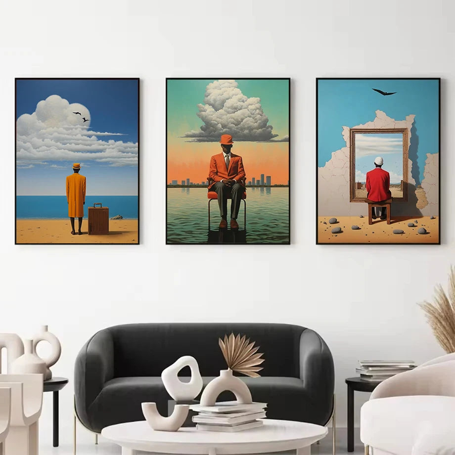 Retro Surreal Abstract African Black Man Magritte Inspired Poster Canvas Painting Wall Art Pictures Home Room Decor Gift